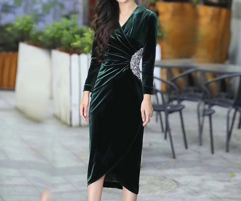 ウエストビジューカシュクールベロアワンピース グリーン ブラック Sサイズ Mサイズ Lサイズ Xlサイズ 長袖 セクシー ゴージャス エレガント パーティドレス 結婚式ドレス 結婚式二次会 お呼ばれ フォーマル ワンピース ワンピドレス ２０代 ３０代 4０代 秋冬新作 演奏会