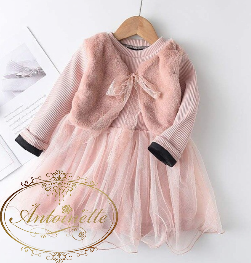 2色 女の子 ワンピース 長袖 子供服 ニット チュール ドレス おめかし お嬢様 Pink Black One Piece Kids Girl Antoinette