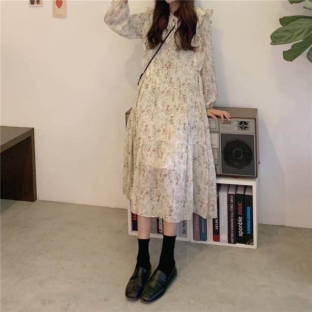 花柄ワンピース ワンピース 花柄 ロング丈 マキシロング丈 フリル ラッフルフリル フェミニン ガーリー 大人ガーリー 秋冬 春 Op 0615 Y Hapi Hapi Girl ハピ ガル