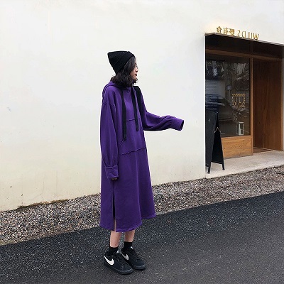 ワンピース パーカー スウェット フード付き カジュアル ストリート パープル 紫 バイオレット ブラック 黒 長袖 ゆったり 体型カバー ラフ プチプラレディースファッション通販 Yboueki
