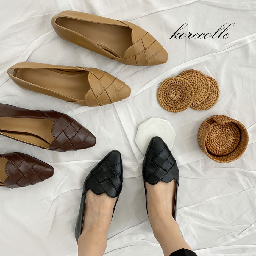 ポインテッドトウ 編み込みアッパー フラットヒール パンプス 3color A1005 Korecolle Shoes ポインテッドトウ 編み込みアッパー フラットヒール パンプス 3color A1005 Korecolle Shoes