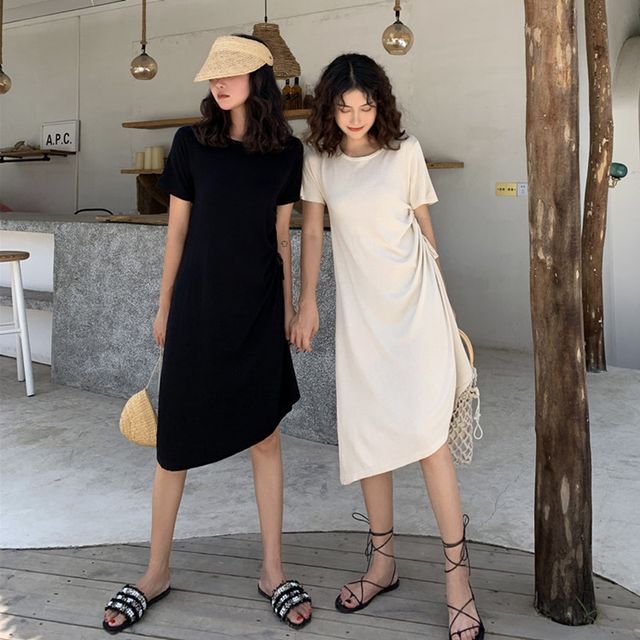 サイドシャーリング Tワンピース ワンピース 半袖 ラウンドネック サイドコンシャス カジュアル シンプル モノトーン フェミニン きれいめカジュアル カジュアル 夏 春 Op 0742 Y Happy Orurea ハッピーオルレア