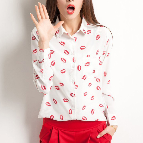 熱い販売! ホワイト ブラック ロング スリーブ エレガント な女性シフォン ブラウス & シャツ 、 キス赤い リップ プリント カジュアル