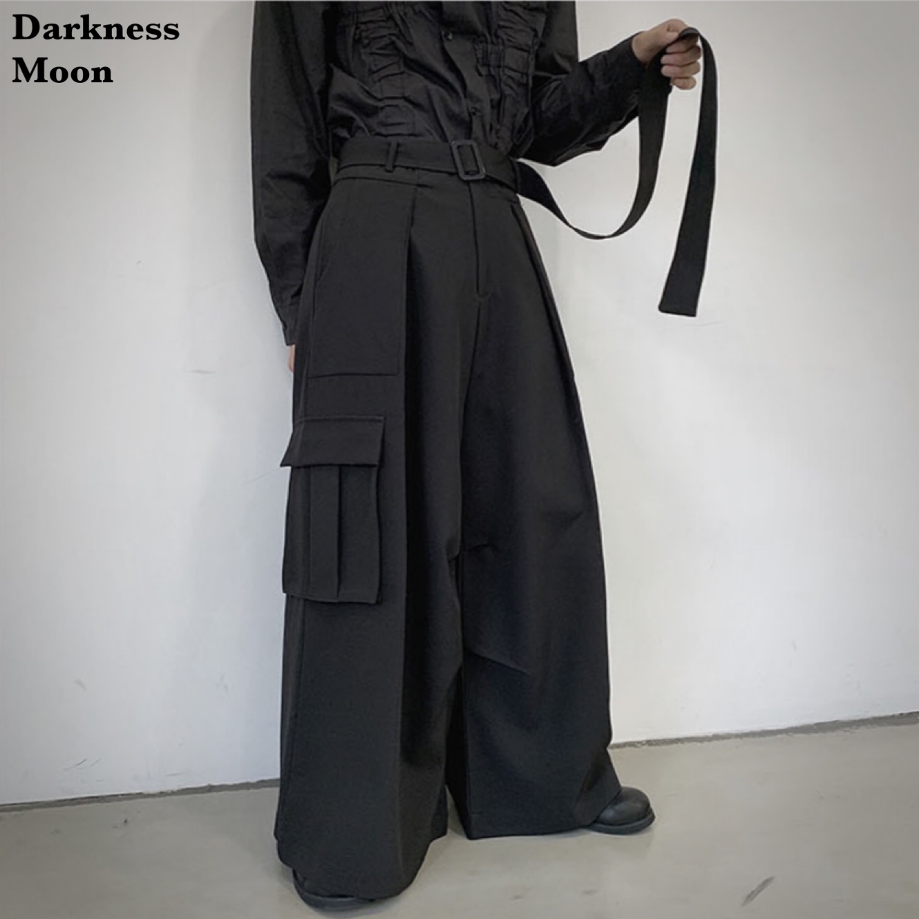 Darknessmoon Black Side Pocket ベルト付 ワイドパンツ 袴パンツ ストリート Gothic ハーレムパンツ スカート パンツ Darkness Moon