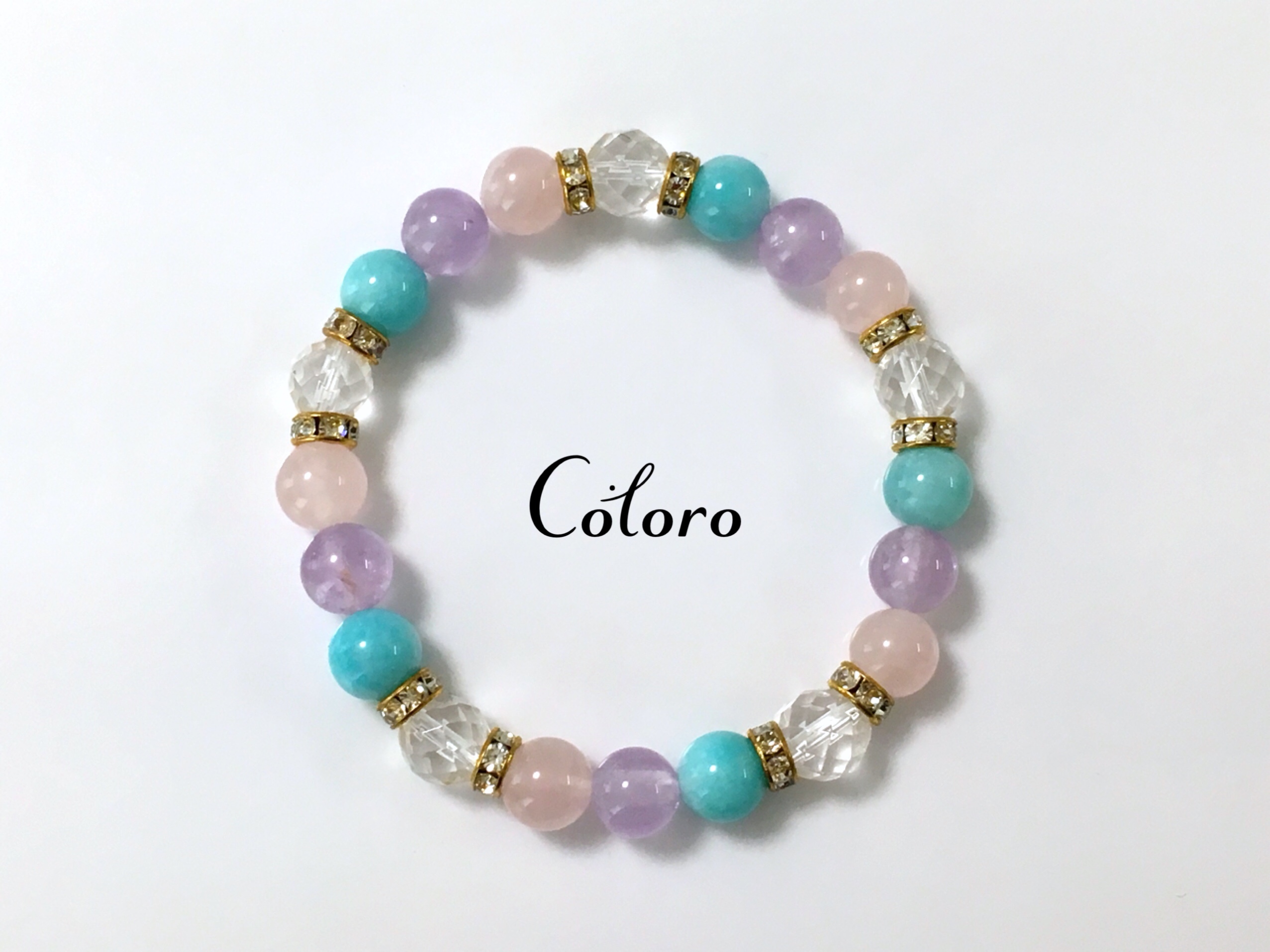 ディズニープリンセス リトルマーメイド アリエルモチーフ アマゾナイト ラベンダーアメジスト ローズクォーツ 天然クリスタル 天然水晶 多面カット パワーストーン 天然石 ハンドメイドブレスレット Coloro