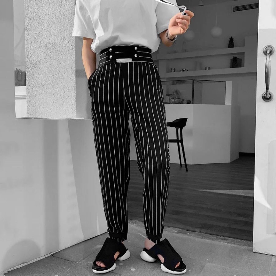 メンズ 韓国スタイル ハイウエスト ストライプパンツ M Xl Kormash