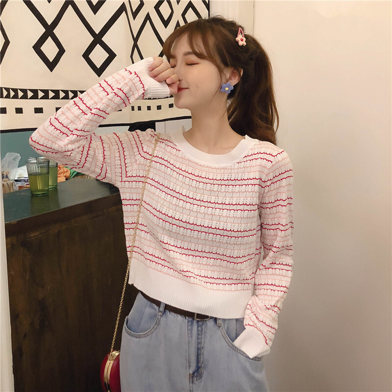 2019秋の新バージョンのシックな野生のファッションセーター長袖Tシャツ女性エインストライプシャツ女性潮アリババ ロング オータム 秋物