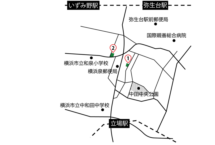 ●相鉄いずみ野線　いずみ野駅　<br><br>
●横浜市営地下鉄ブルーライン　立場駅<br>
から、畑1・畑2ともに徒歩10~15分
