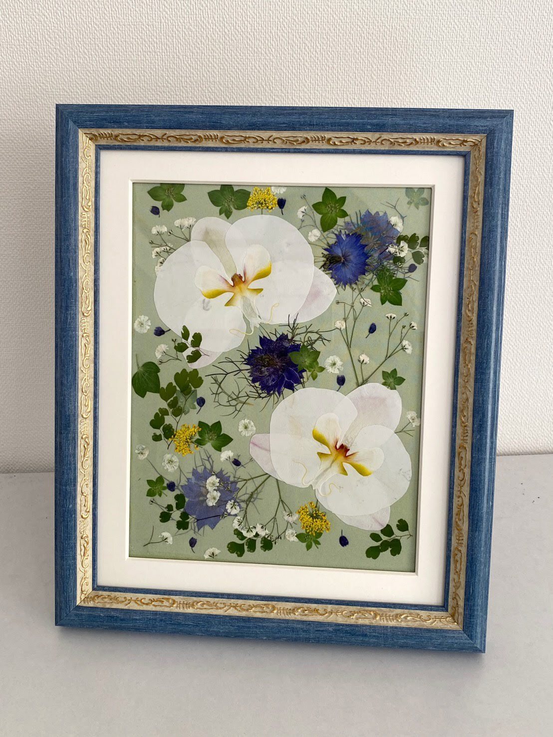 ファレノプシス　～26額～
胡蝶蘭は花びらを一枚一枚裏打ちして組み立てました。青いニゲラは自宅で育てたものです。季節のかぜを感じる作品となりました。