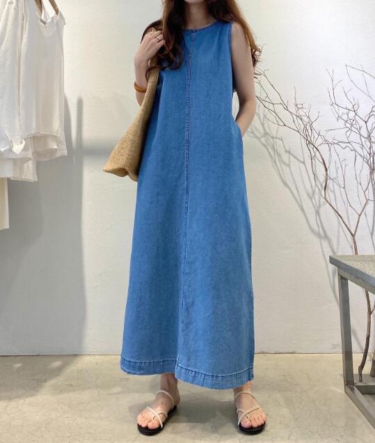 レディースファッション デニム クルーネック ロングワンピース ノースリーブ 夏 韓国風