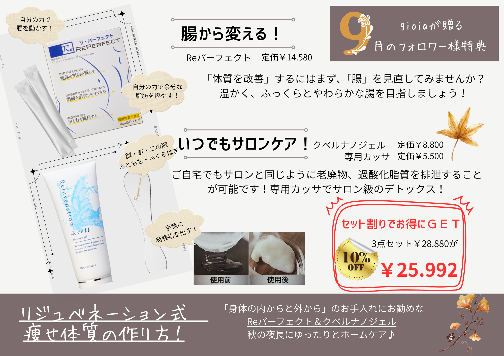 腸から変える★Reパーフェクト & クベルナノジェル(Kvell専用カッサ 付) 秋の3点セット