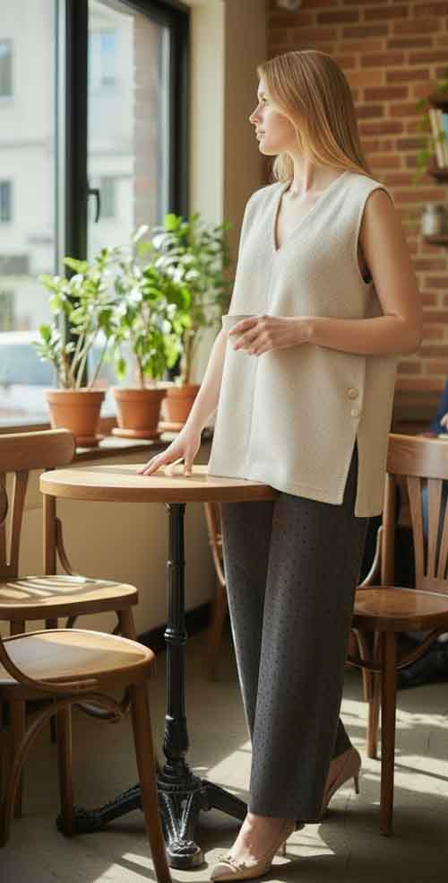 新着です！　デニシェのサイドオープンベストとフロッキードットのパンツ