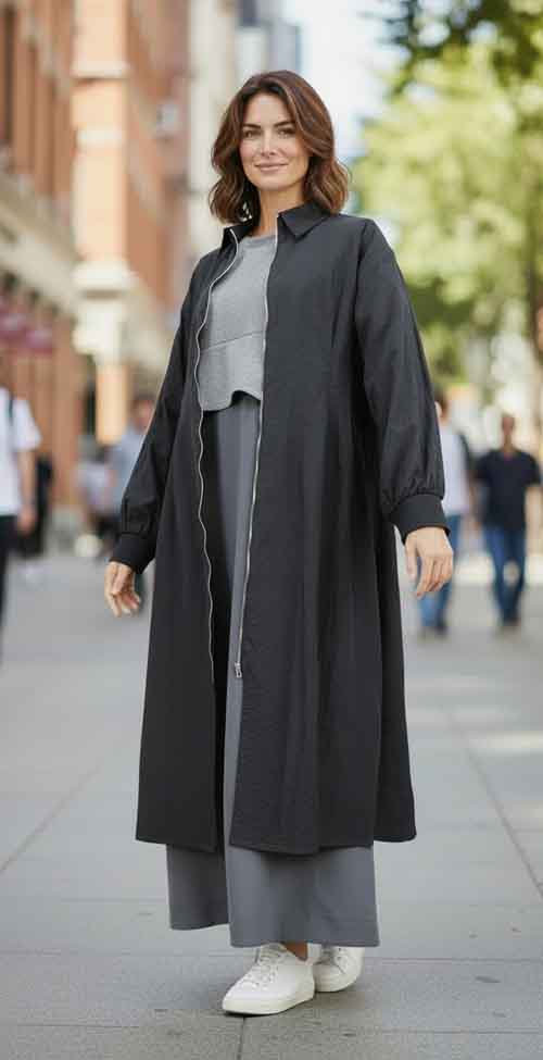 もちもち触感ワンピースと黒のナイロンコート