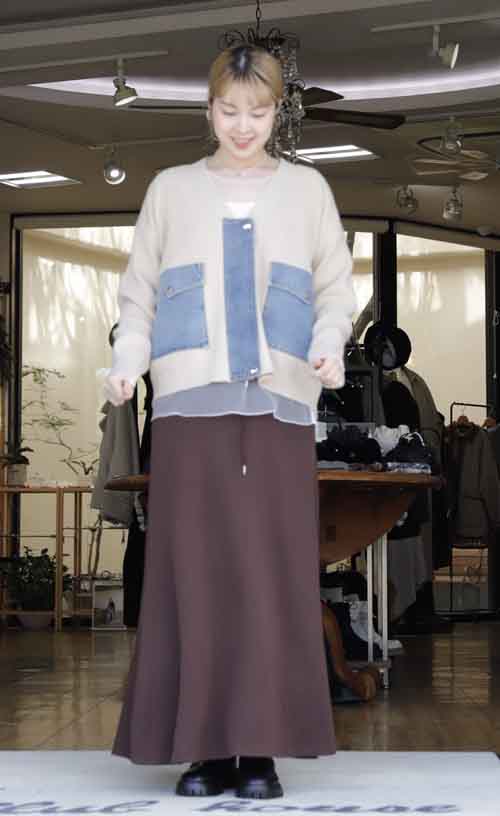 フロントファスナー開きのデニムコンビ畦カーディガン