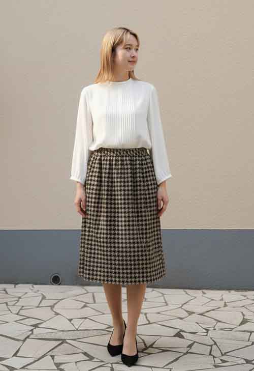 さっと穿けるゴムシャーリングウエストの幾何学プリントスカート