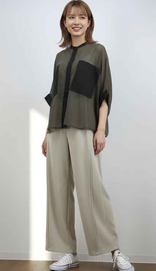 デニムコンビのバルーンシルエットシアーシャツ