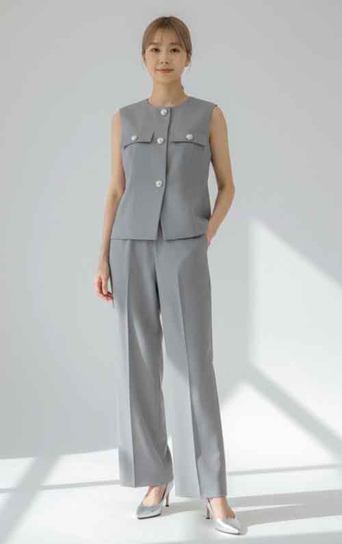 クルーネックベストとベルト付きパンツのセットアップスーツ