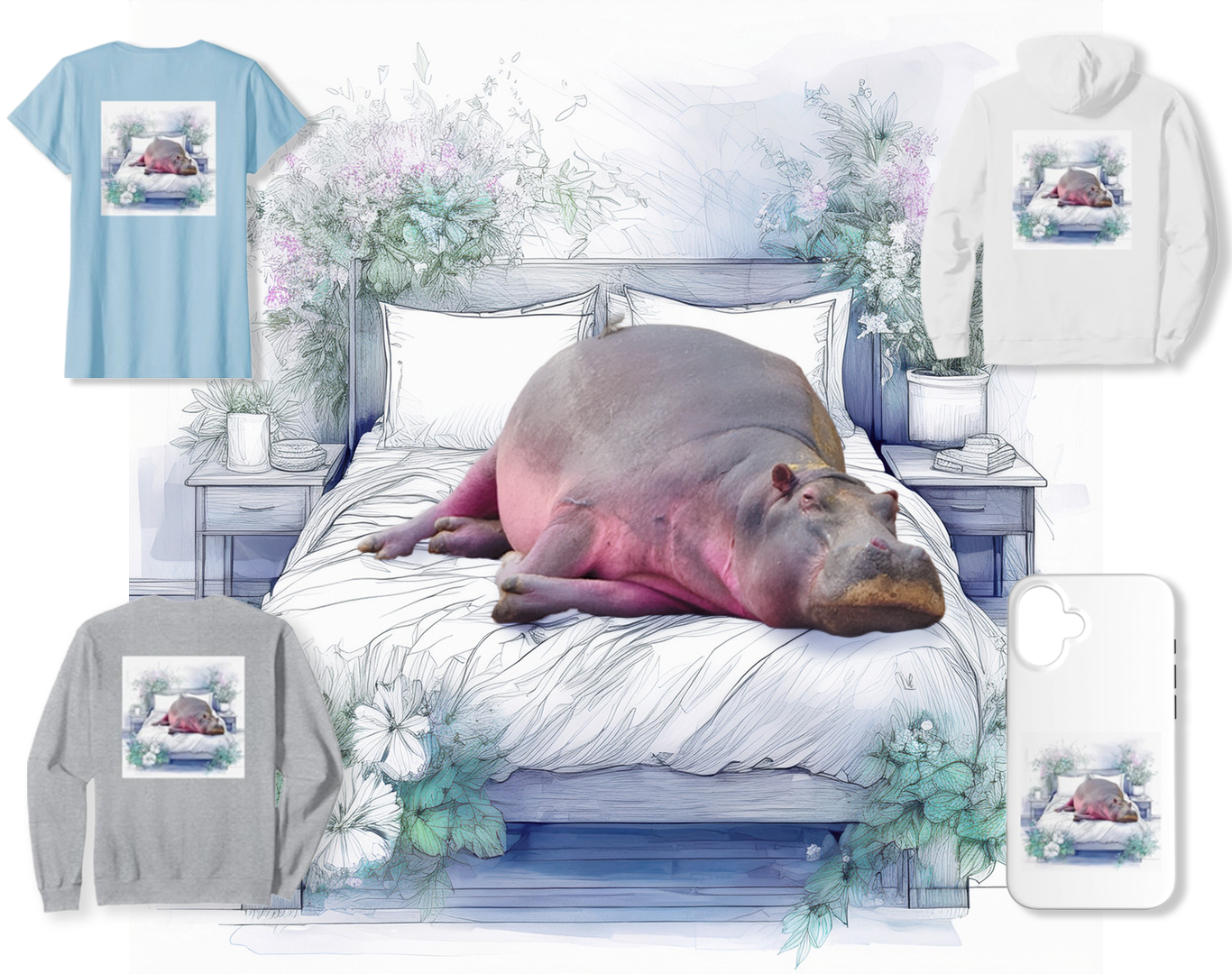 ベッドで寝ているカバ　Tシャツ、長袖Tシャツ、バーカー、スマホケース　Amazon販売商品