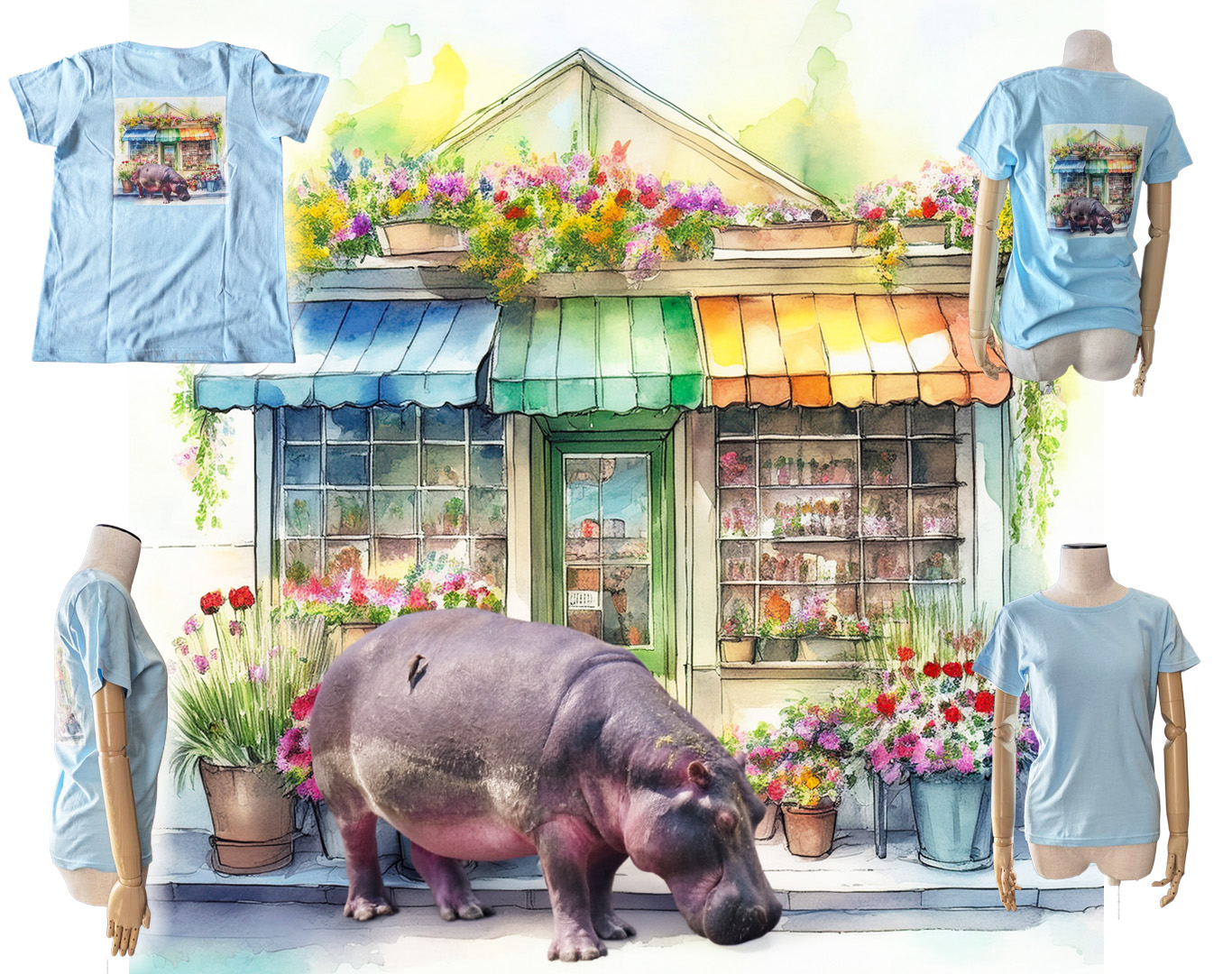 フラワーショップの前に立っているカバ Tシャツ、長袖Tシャツ、ジップパーカー　Amazon販売商品