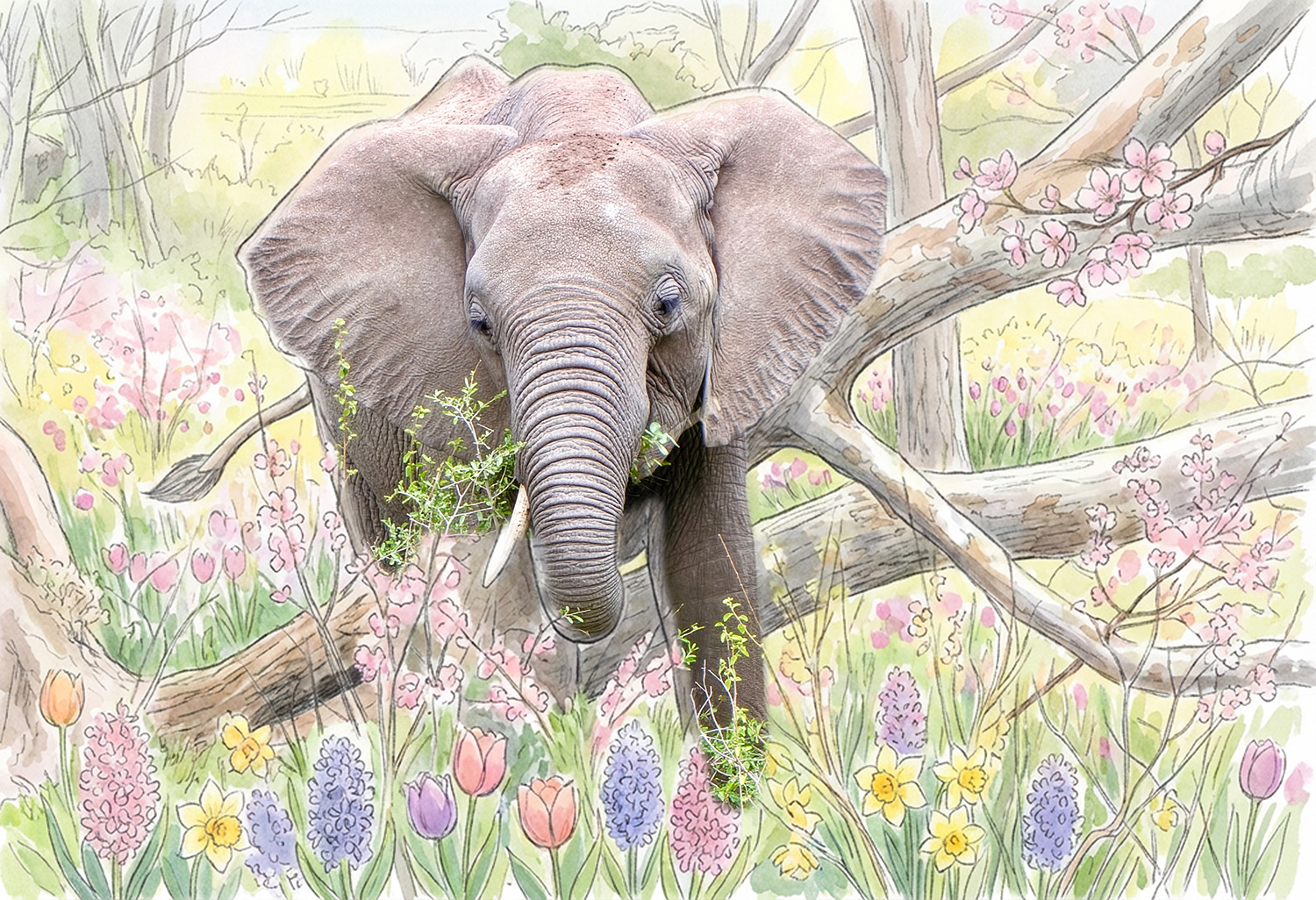 セレンゲティ国立公園で美味しそうに草を食べるアフリカゾウを春色にアレンジしてみました。