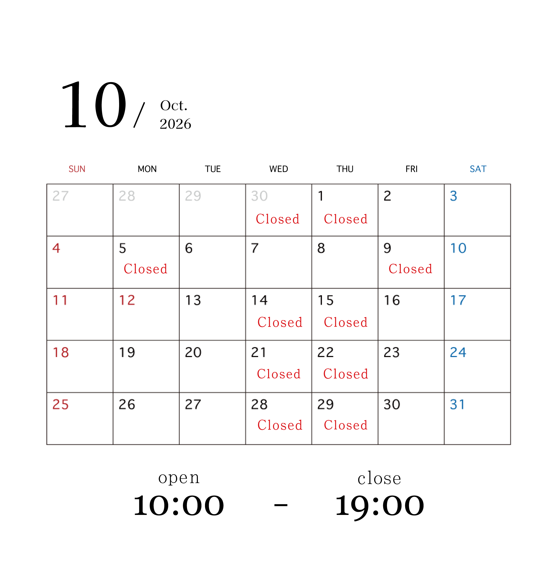 2026年｜10月｜営業カレンダー
