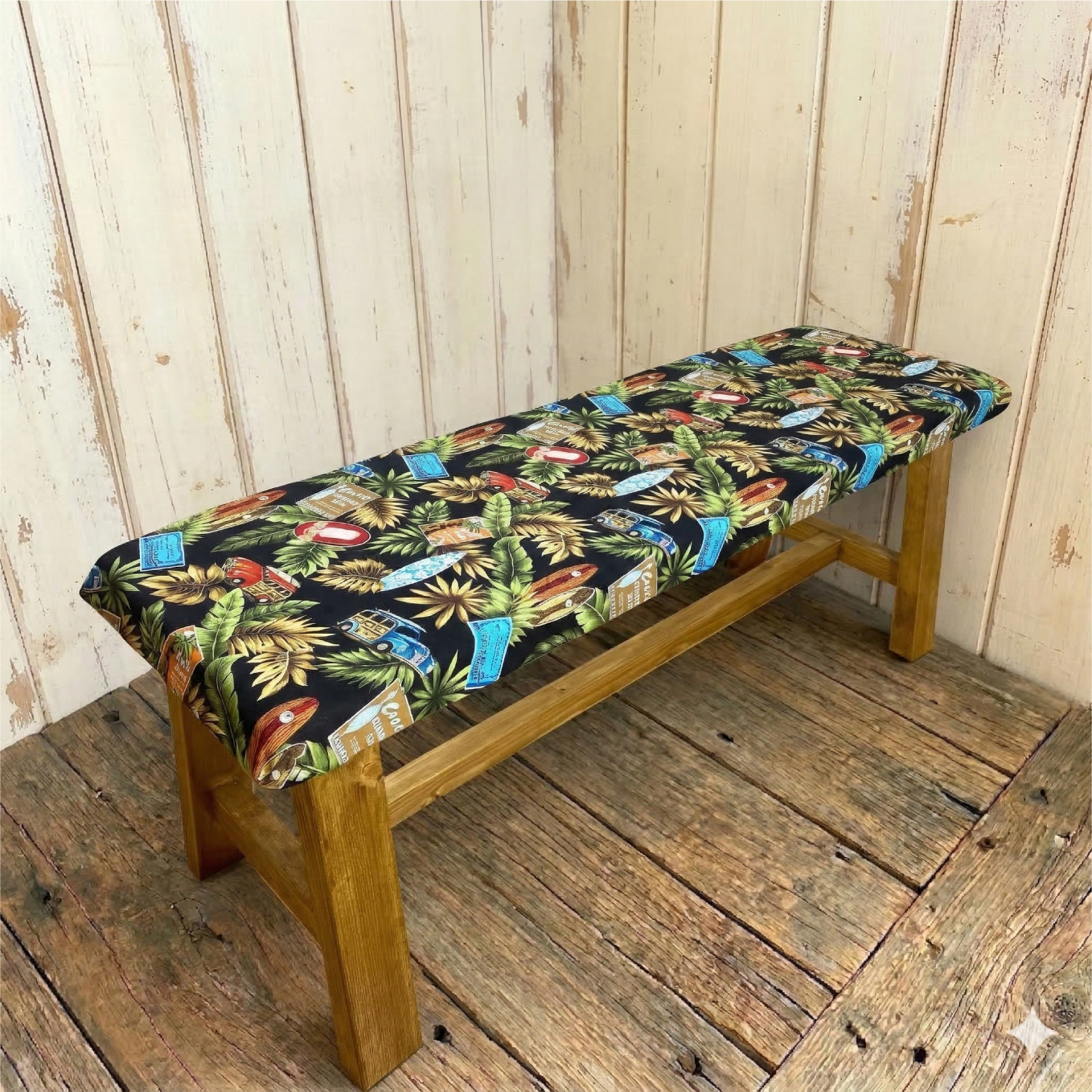 ハワイアンインテリア ボタニカル&サーフボード柄 クッションベンチ