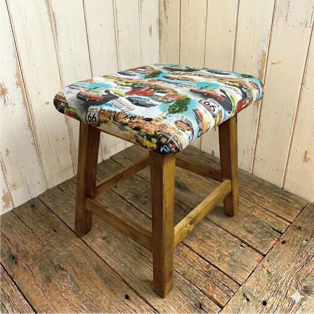 西海岸インテリア ルート66レトロアメリカン柄 クッションスツール
