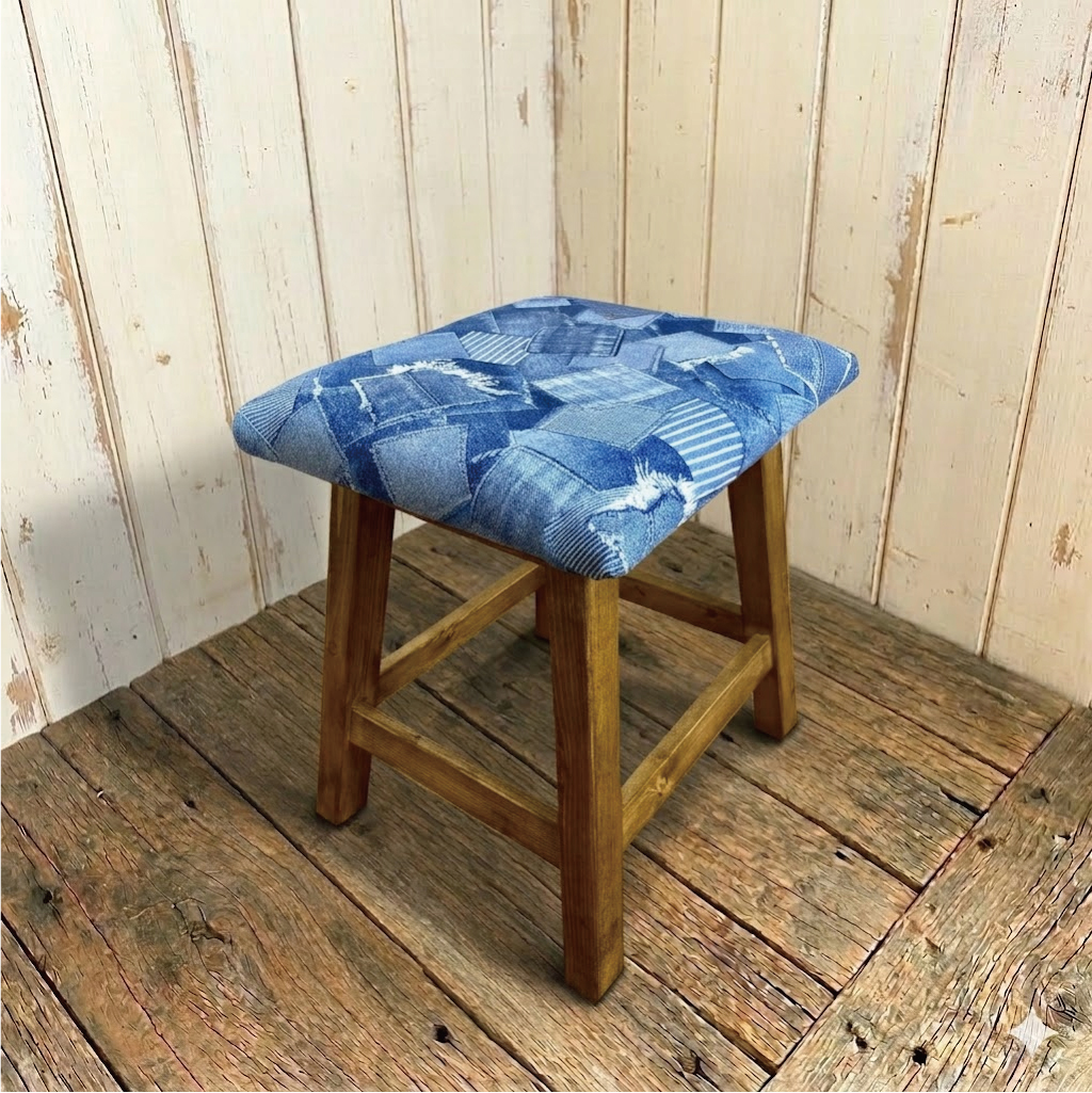 西海岸インテリア デニムパッチワーク柄プリント クッションスツール(全2色)