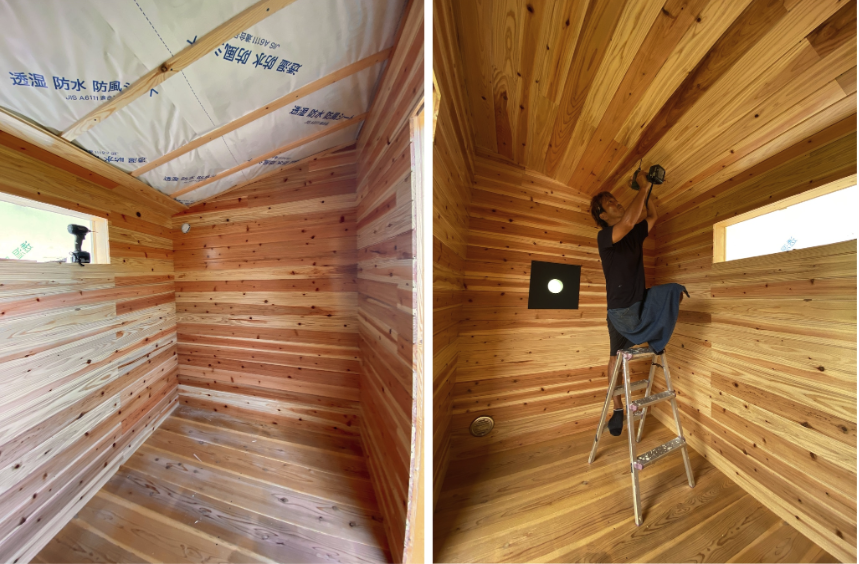1.5坪のサウナ小屋をDIY　室内の内装　羽目板貼り　⑦