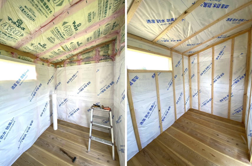 1.5坪のサウナ小屋をDIY　室内の透湿防水シート貼り&胴縁取り付け　⑥