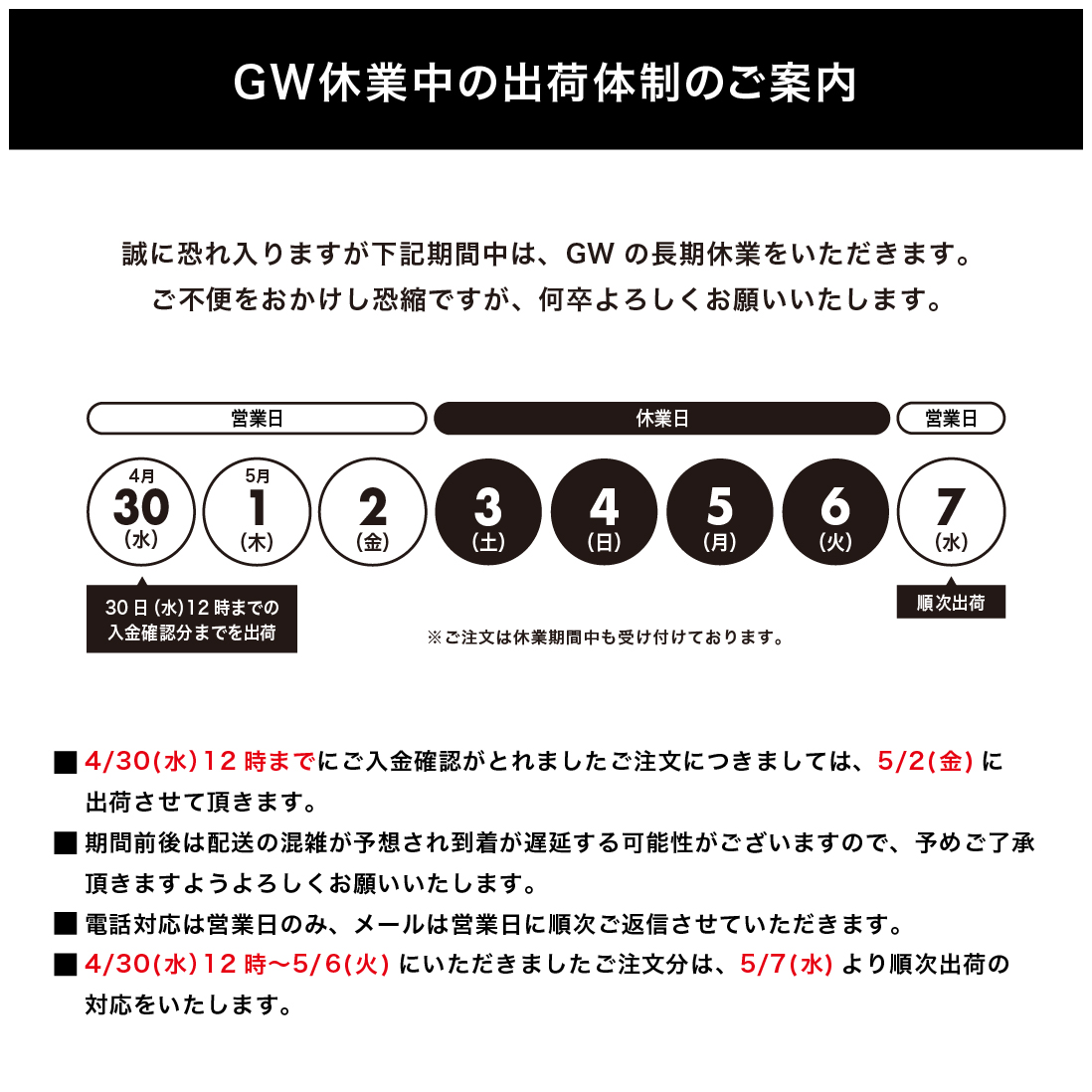 GW期間中の商品配送について
