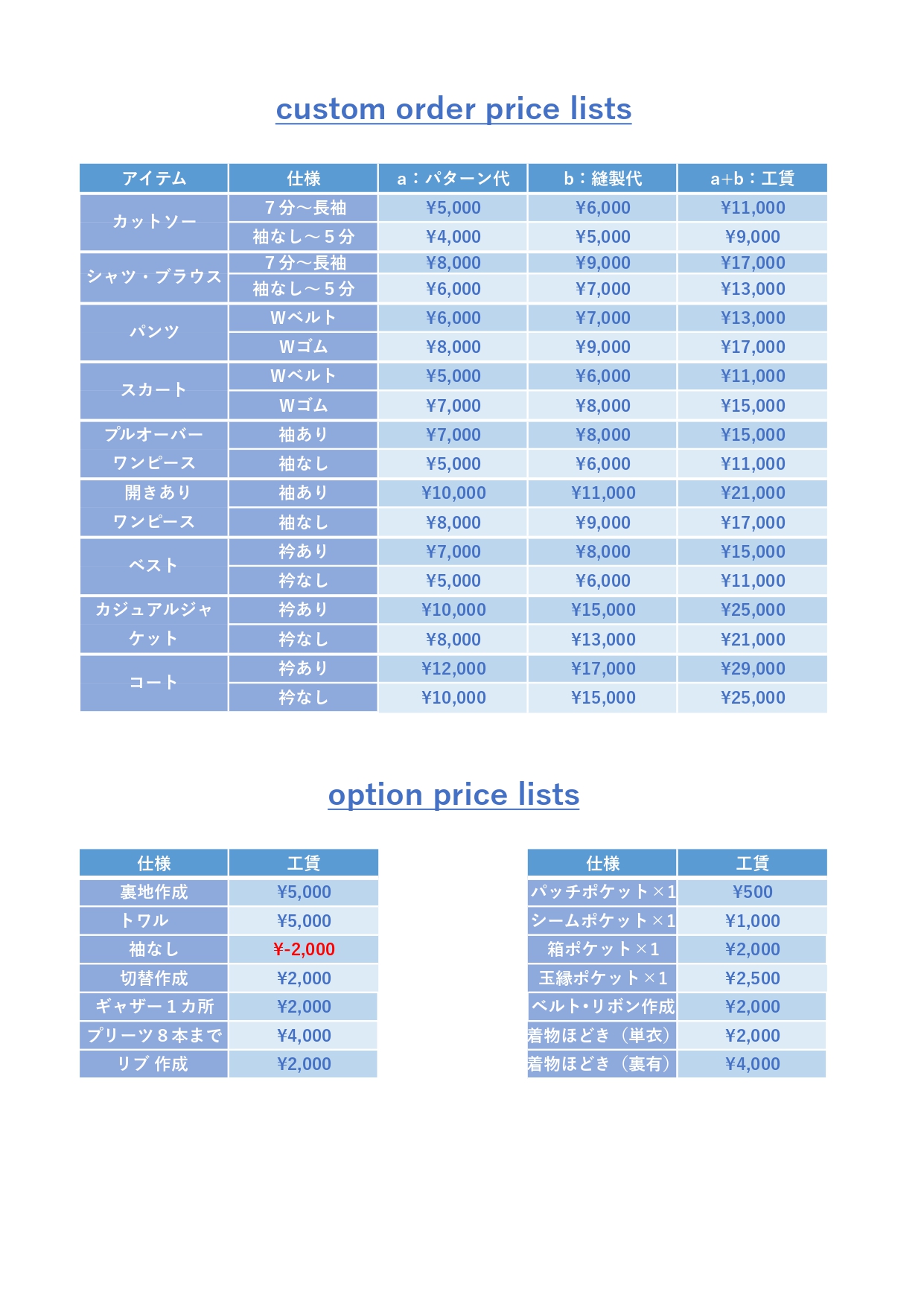 custom order  price lists   オーダー料金表