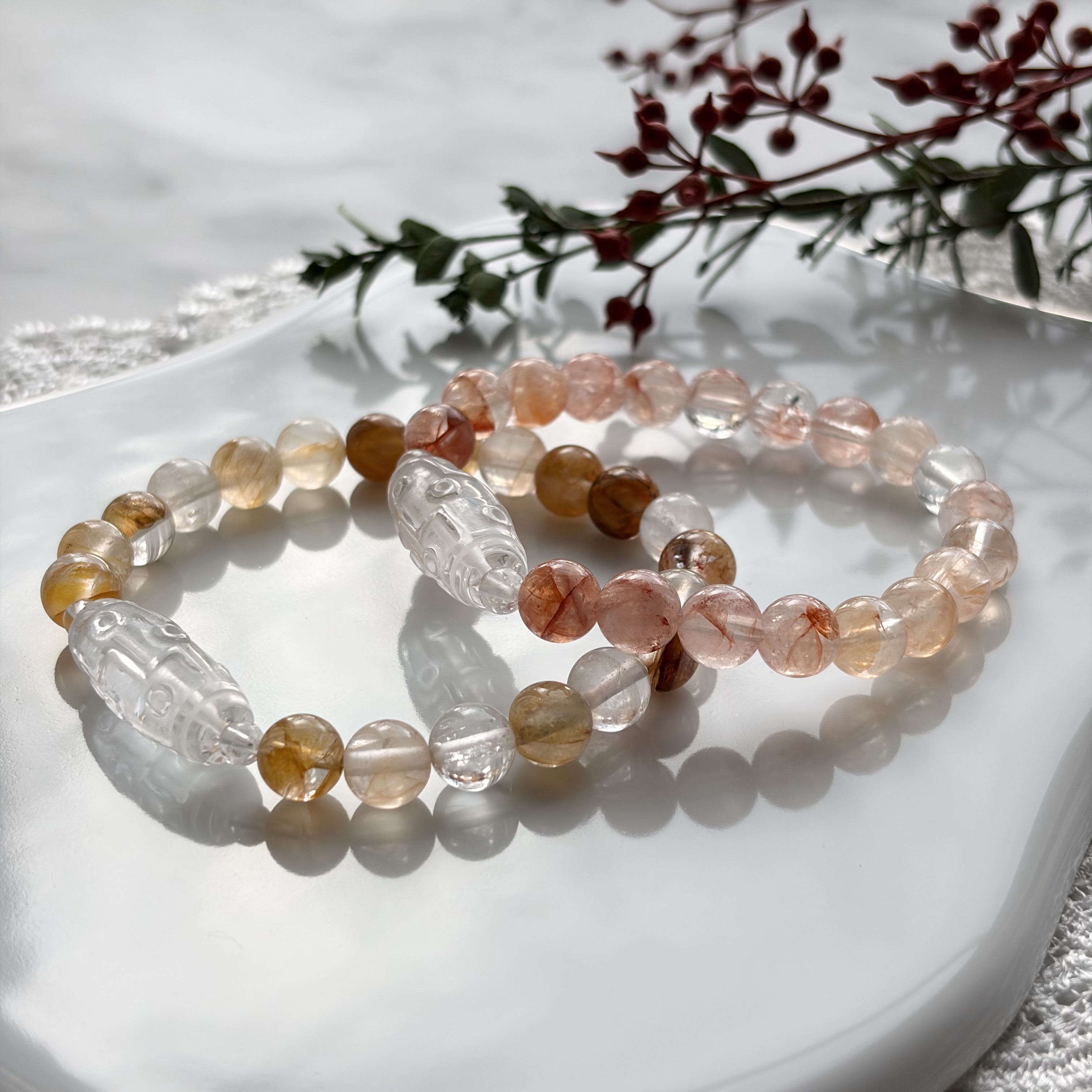 九眼天珠彫り水晶&マニカランヒマラヤ水晶ブレス