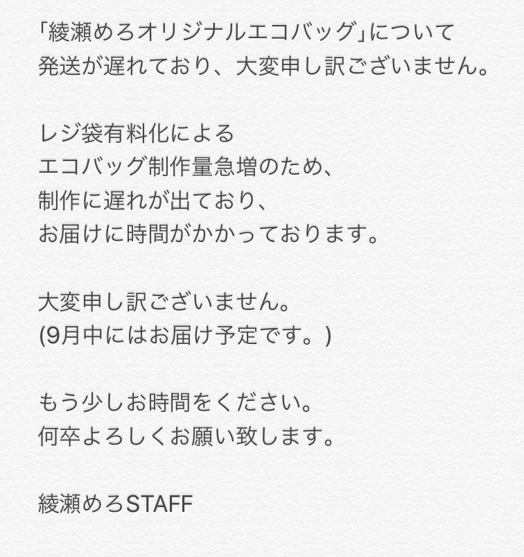 綾瀬めろオリジナルエコバッグについて
