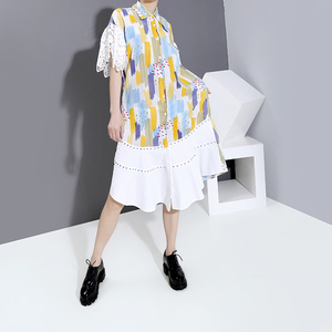 プリントブラウススカート　夏ワンピース　イエロー　レッド