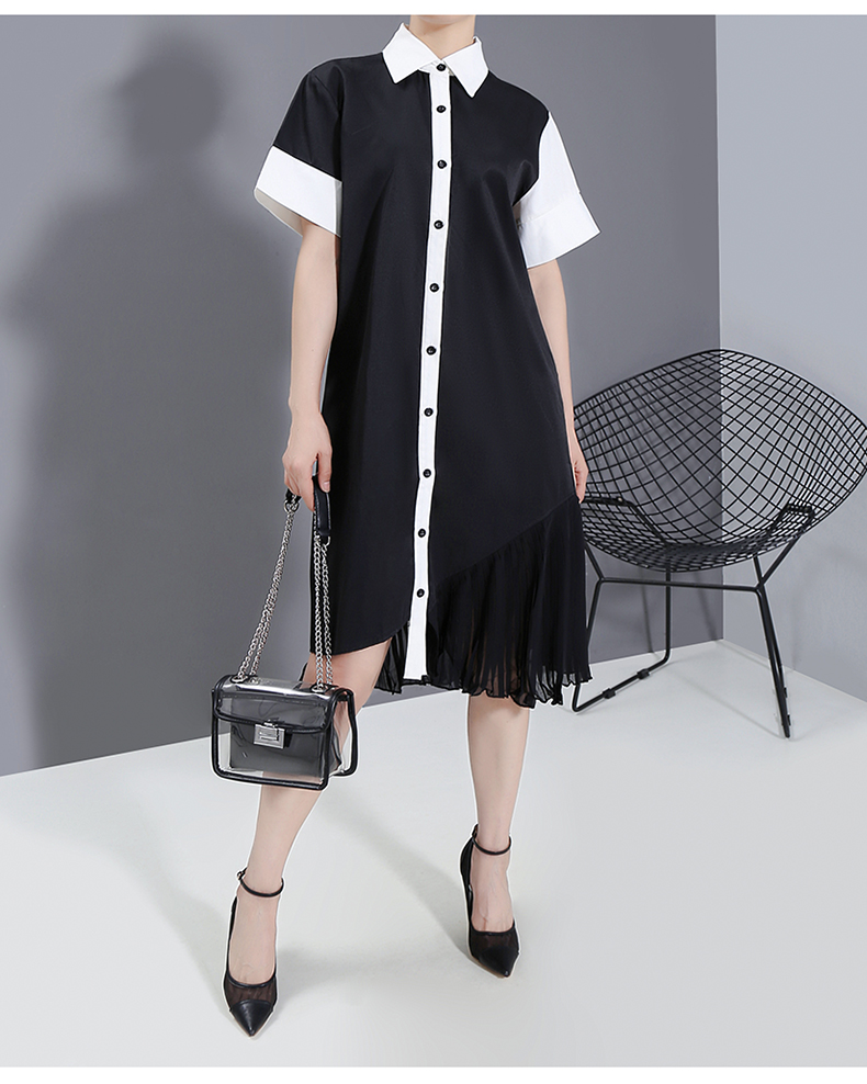 シャツワンピース　ステッチプリーツシフォンスカート