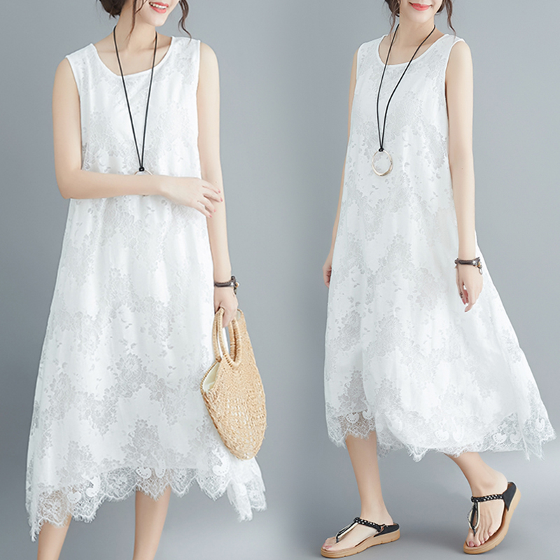 【2color】ノースリーブレースステッチドレス　ホワイト　ブラック