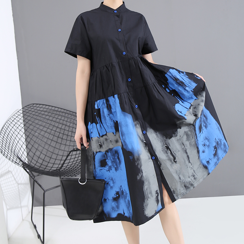 プリントシャツワンピース　ブラックブルー