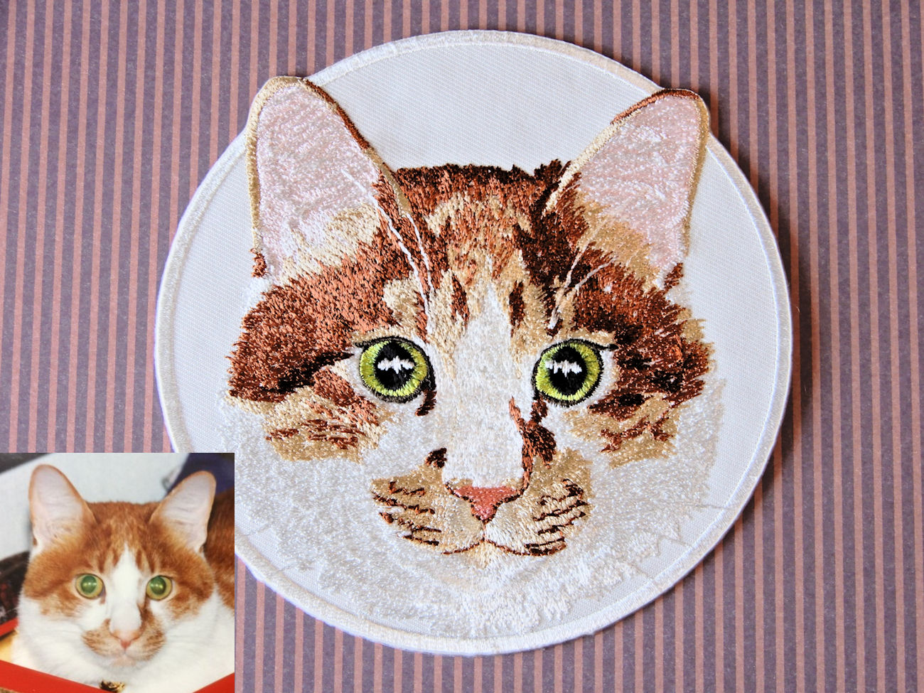 2019年4月制作　Embroidery Art うちの子を刺繍に　猫のニャロメさん