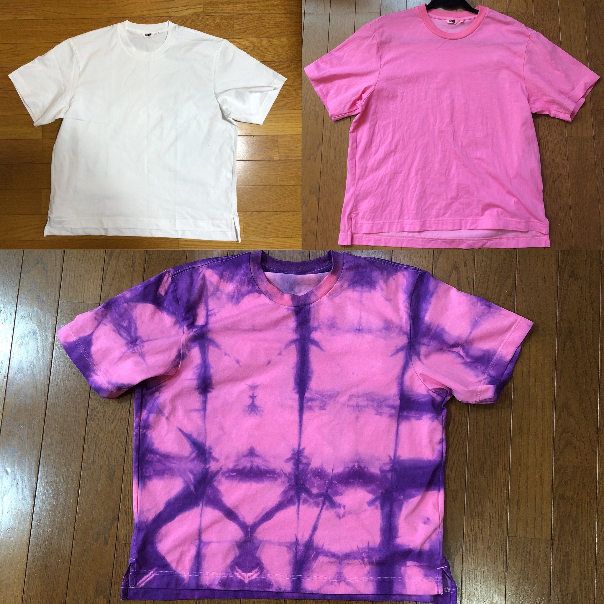 ピンクに建染したTシャツを紫の雪花染に