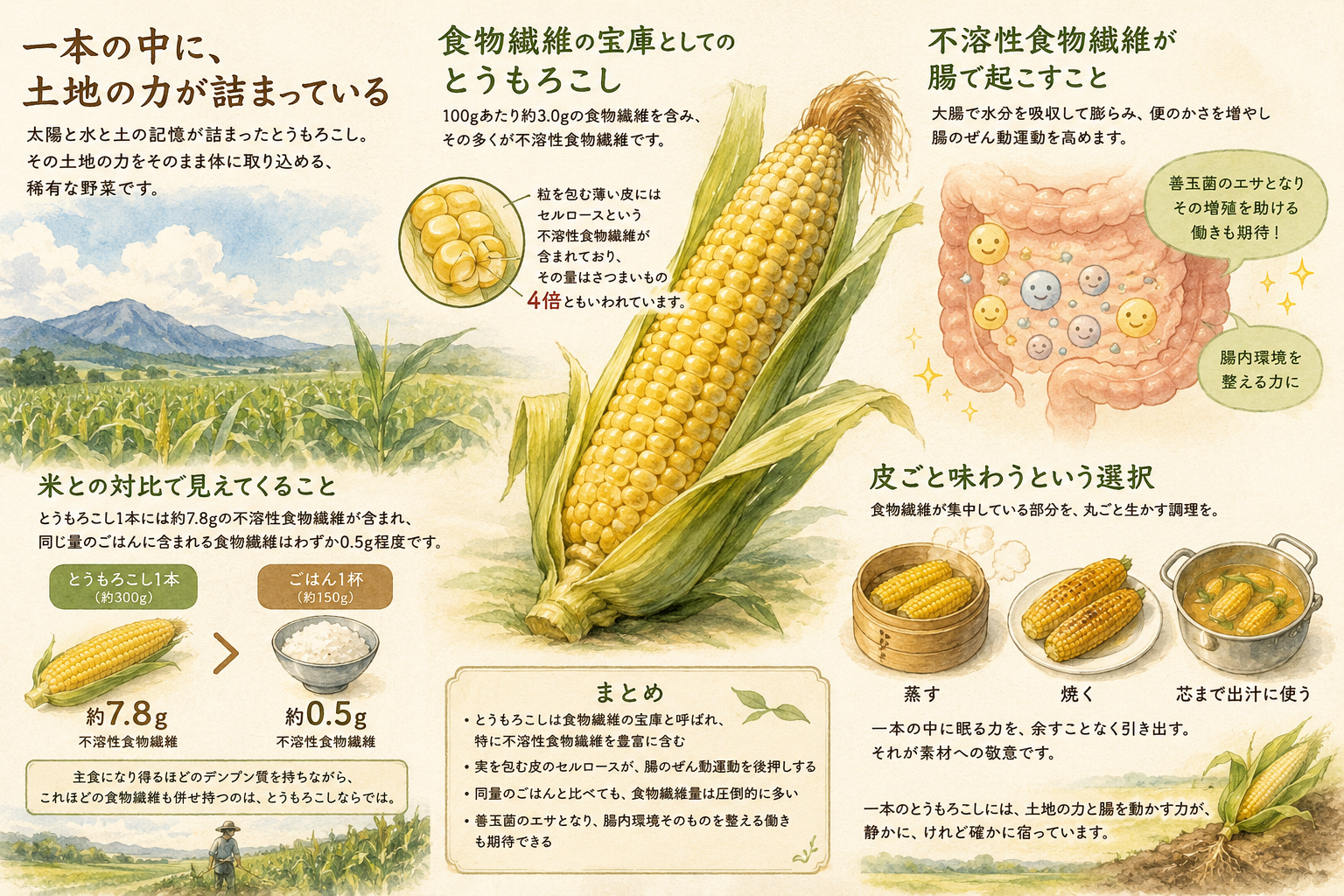 とうもろこしの食物繊維と腸活 一本の中に、土地の力が詰まっている