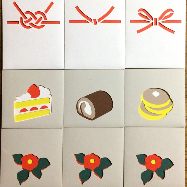 【　紙雑貨　切り絵のぽち袋 水引3種・つばき・CAKE　】