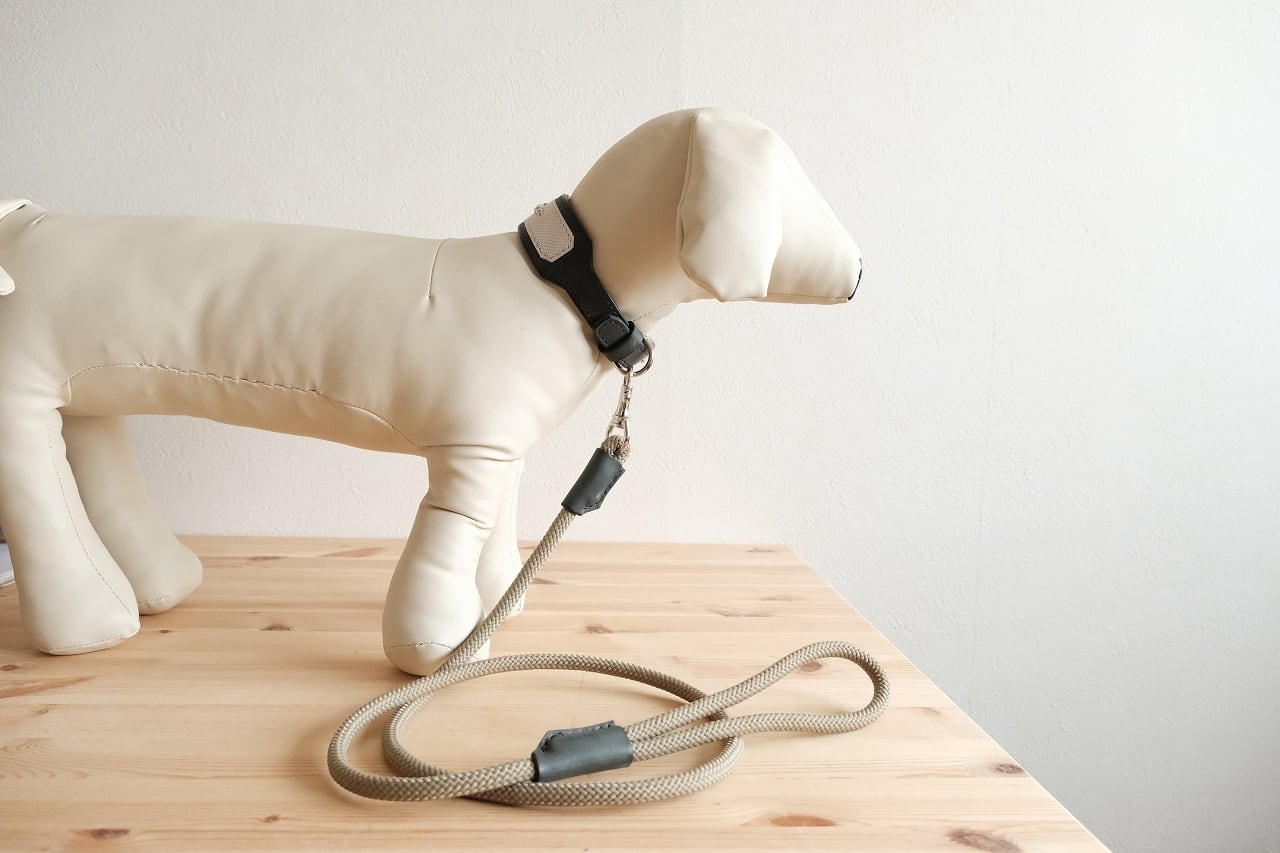 墨黒(グレー)の牛ヌメ革を使ったイタグレ用の首輪とリードのセット🐶