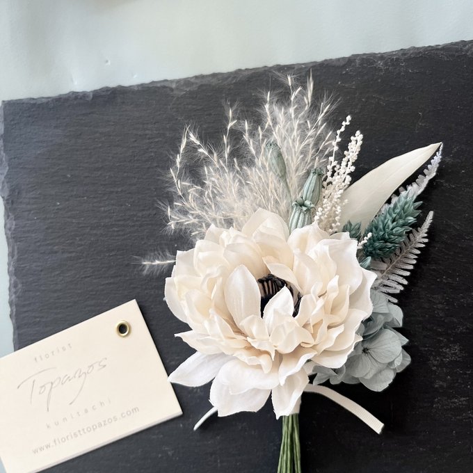 【コサージュ新作】シックなブルーグリーンのアネモネブーケコサージュができました✨