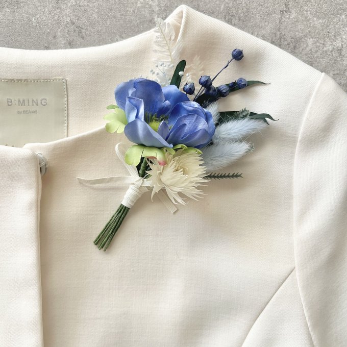 【本日もコサージュ新作】ブルーアネモネのブーケコサージュ（一点もの）　ができました✨