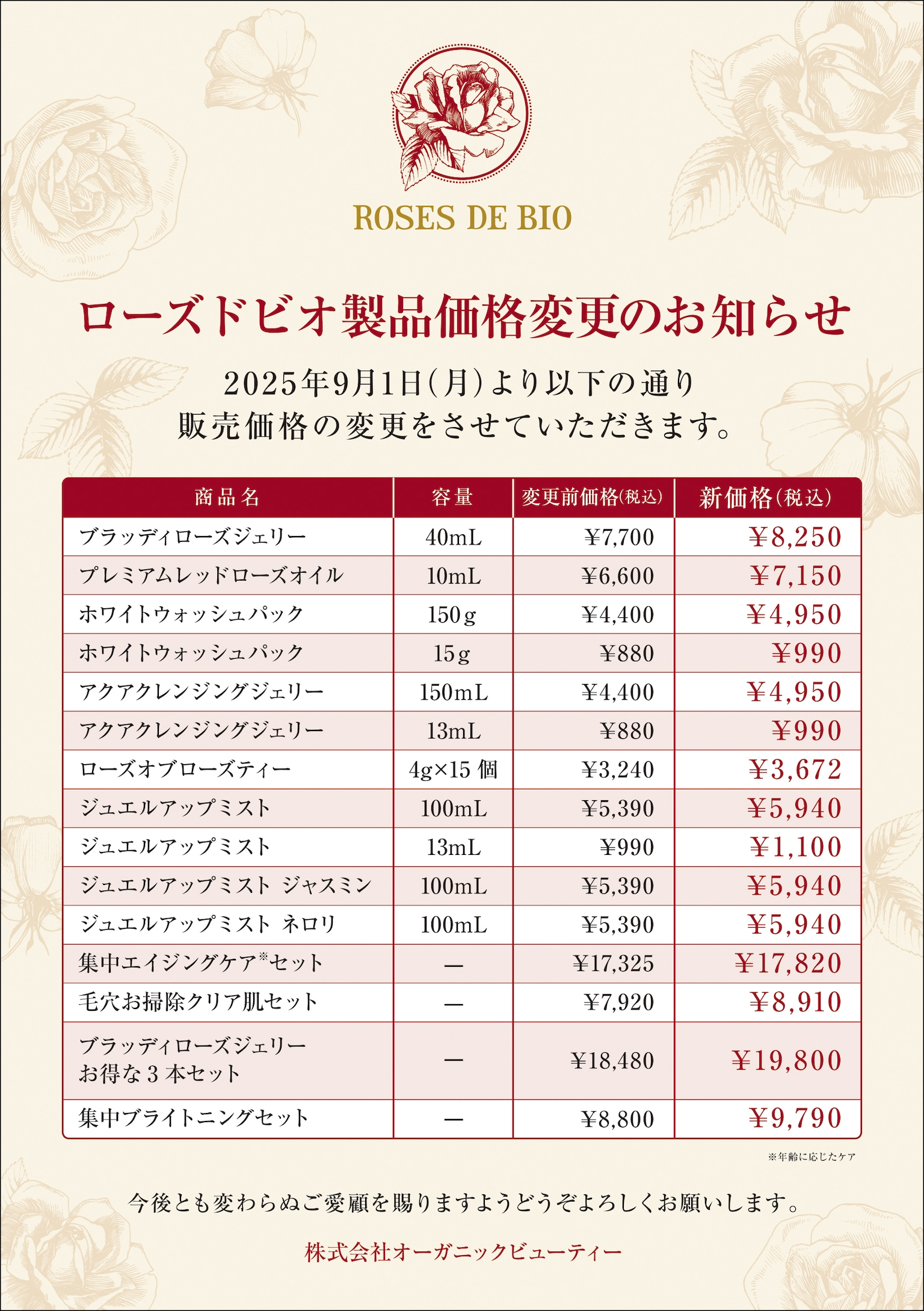 9月1日よりローズドビオ価格改定のお知らせ