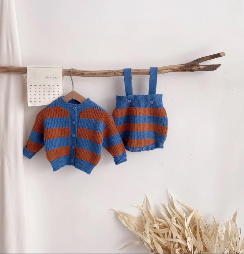 即納１点border cardigan & border suspender short pants