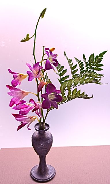 蘭と古い印度の真鍮の花瓶