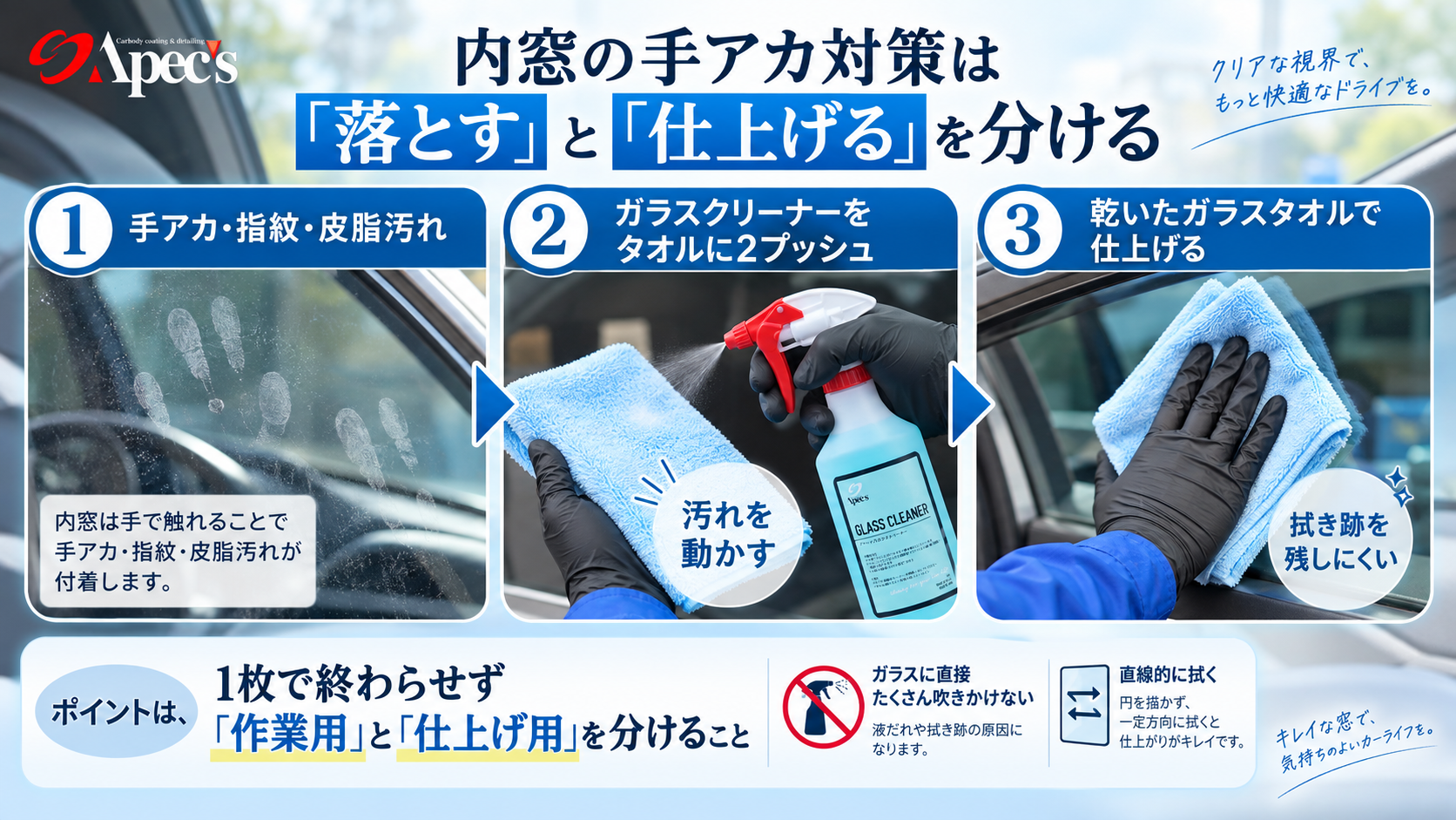 車の内窓の手アカ・指紋の落とし方｜拭き跡を残さない掃除方法