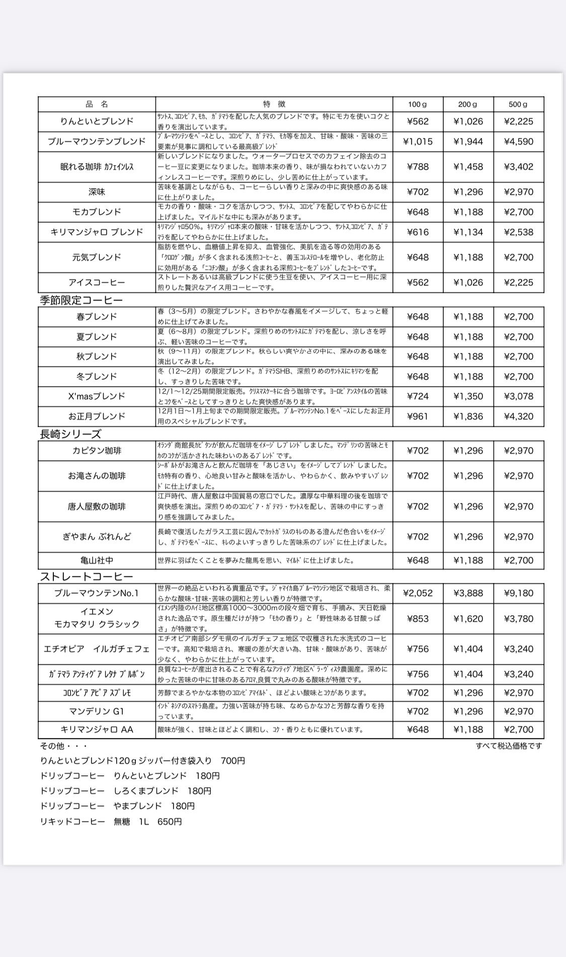 コーヒーの価格改訂のお知らせです